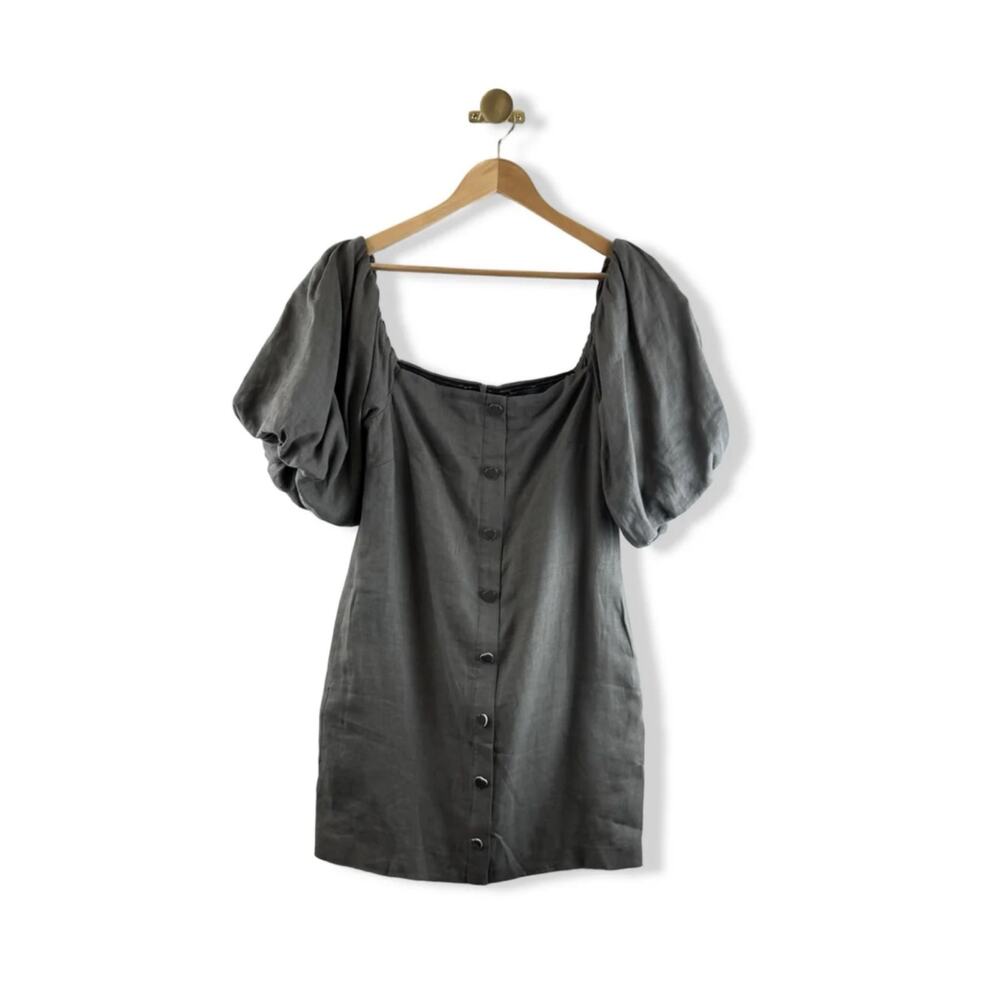 Exquise Yaretzi Charcoal Gray Washed Linen Puff Sleeve Mini Dress S NWT